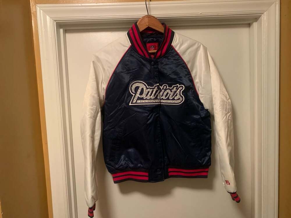 NFL New England Patriots Rhinestone Satin Varsity Bomber Jacket Women’s L
